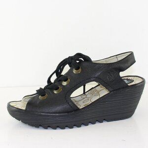 Fly London Wedge Black Leather Lace Open Toe Sandal (EU 39 / 8.5 US)